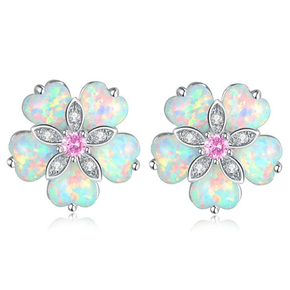 925 Sterling Silver with White Fire Opals and Pink Topaz Flower Stud Earrings